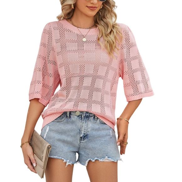 C.CLINE Pink Square Openwork Half Sleeve Hi Low Top Size L - Picture 2 of 6